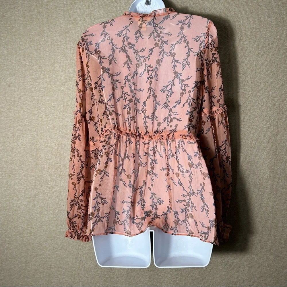 Sundance Silk Blouse Womens Large Sheer Long Sleeve Peasant Ruffle Floral Empire